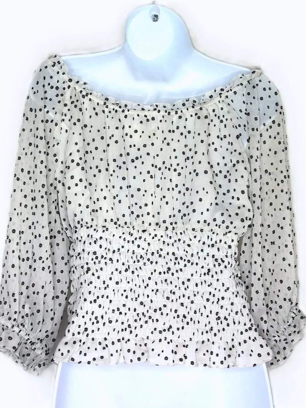 Peasant Top by Anthropologie White W/ Black Polka Dot Boho On / Off Shoulder  S - Picture 5 of 9